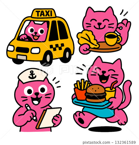 Pink cat taxi driver, waiter, and server with food, cheerful cartoon style, fast food, coffee 132361589
