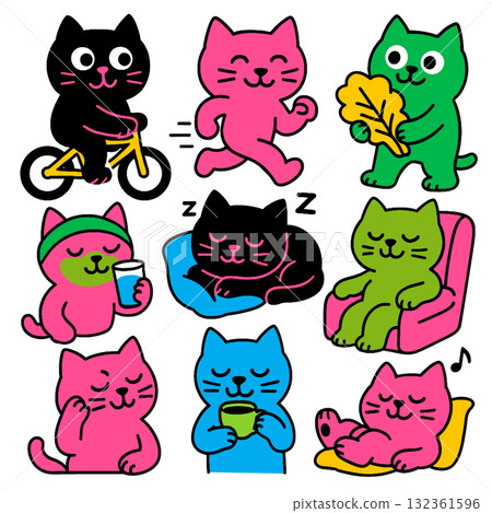 Cute cartoon cat character various activities, including cycling, running, relaxing 132361596