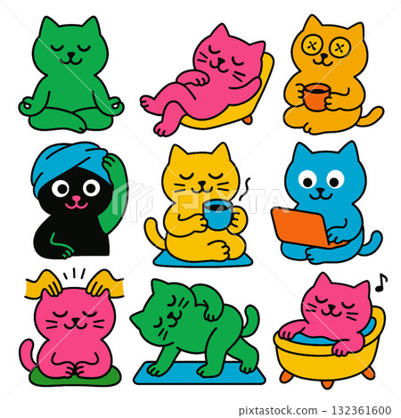 Colorful cat illustration, relaxing, meditating, drinking tea, working, bathing, and enjoying 132361600