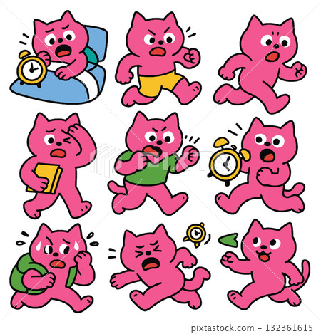 Pink cat character waking up, running, feeling angry, surprised, and holding alarm clock 132361615