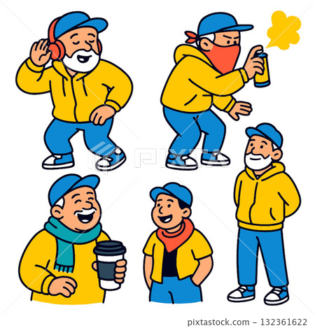 Group of cartoon men in yellow hoodies, blue pants, and caps, expressing happiness and creativity 132361622