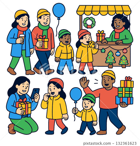 Happy family winter clothing holiday market children gifts balloon smiling outdoor 132361623