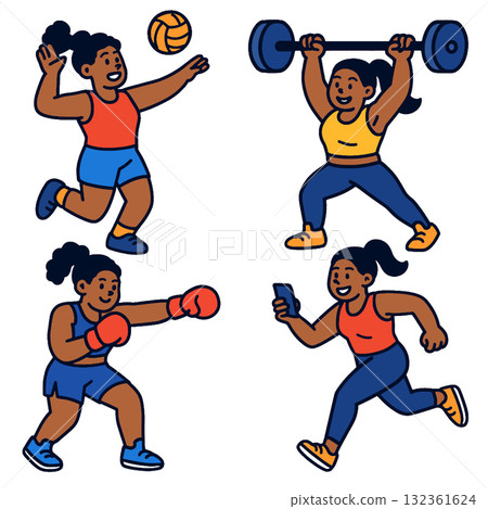 Sporty woman cartoon volleyball weightlifting boxing running energetic active smiling Sporty woman cartoon volleyball weightlifting boxing running energetic active smiling 132361624