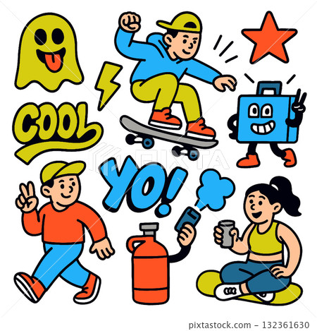 Cool skateboarder, happy ghost, cheerful friends, and playful cartoon icons bold colorful style Cool skateboarder, happy ghost, cheerful friends, and playful cartoon icons bold colorful style 132361630