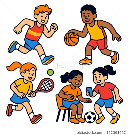 Children running, playing basketball, tennis, and soccer, smiling and energetic, active lifestyle Children running, playing basketball, tennis, and soccer, smiling and energetic, active lifestyle 132361632