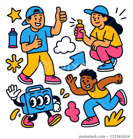 Happy cartoon people, spray paint, and smiling suitcase character with playful doodles Happy cartoon people, spray paint, and smiling suitcase character with playful doodles 132361634