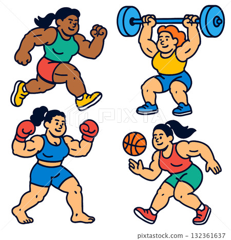 Strong women athlete cartoon running weightlifting boxing basketball energetic colorful 132361637