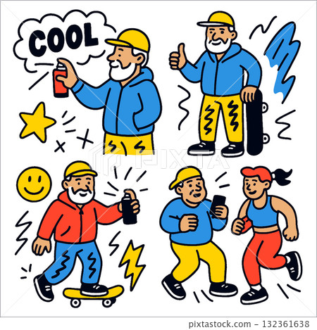 Cool senior man in hoodie and cap skateboarding, spray painting, jogging, and holding skateboard Cool senior man in hoodie and cap skateboarding, spray painting, jogging, and holding skateboard 132361638