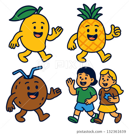 Cheerful mango, pineapple, coconut characters and two happy children walking together 132361639