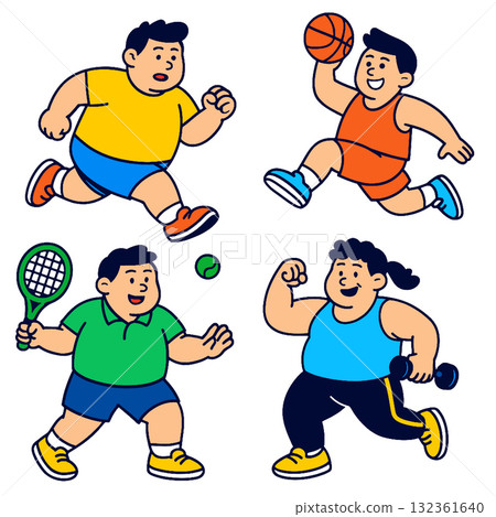 Children playing sports, running, basketball, tennis, and weightlifting, happy and active 132361640