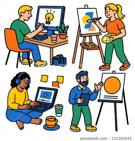 Creative workspace, people working, painting, drawing, digital art, teamwork, learning 132361641