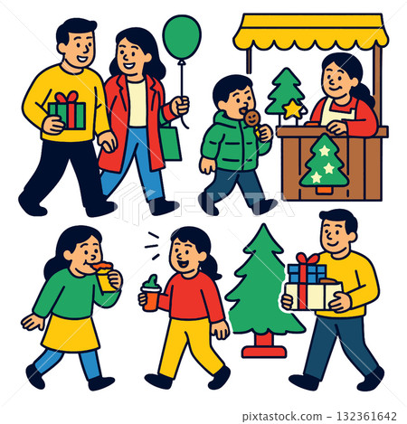 People walking, holding gifts, eating snacks, and enjoying festive outdoor market with Christmas 132361642