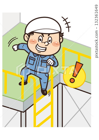工廠工人試圖在不使用梯子的情況下跳下的例子 | 不安全行為、不安全狀況、危險、工業事故 132361649