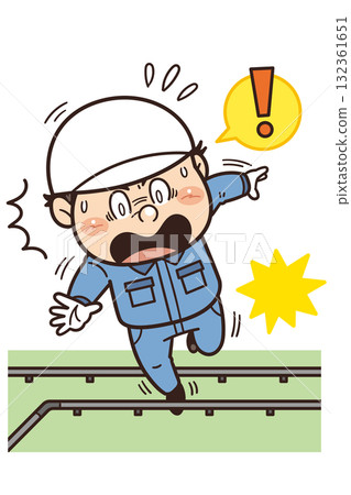 Illustration of a factory or site worker tripping over piping or pipes at his feet | Unsafe behavior, unsafe conditions, and industrial accidents Illustration of a factory or site worker tripping over piping or pipes at his feet | Unsafe behavior, unsafe conditions, and industrial accidents 132361651