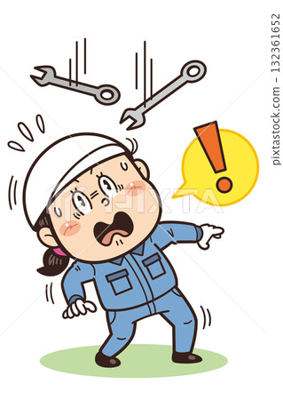 工廠/現場工人因扳手等墜落或飛出的物體而受到驚嚇的插圖 | 不安全行為、不安全條件和工業事故 工廠/現場工人因扳手等墜落或飛出的物體而受到驚嚇的插圖 | 不安全行為、不安全條件和工業事故 132361652