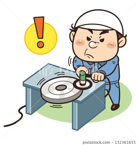 工廠工人在不穩定的地方使用砂光機工作且未佩戴防護設備的例子 | 不安全行為、不安全條件和工業事故 132361655