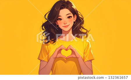 年輕女子用雙手做出心形，黃色背景，人工智慧生成的素材 132361657