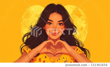 年輕女子用雙手做出心形，黃色背景，人工智慧生成的素材 132361658