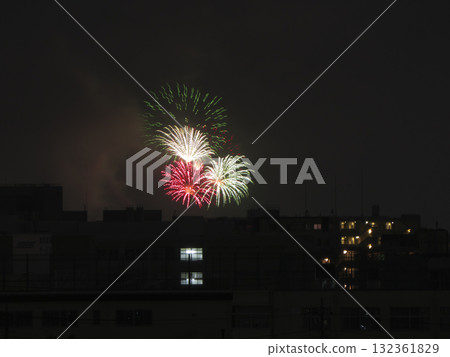 Tricolor light blooming on a summer night_Gorgeous fireworks colored in red, white and green Tricolor light blooming on a summer night_Gorgeous fireworks colored in red, white and green 132361829