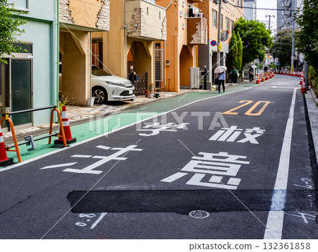 Road markings indicating school routes and school zones: "Caution: School" Road markings indicating school routes and school zones: "Caution: School" 132361858