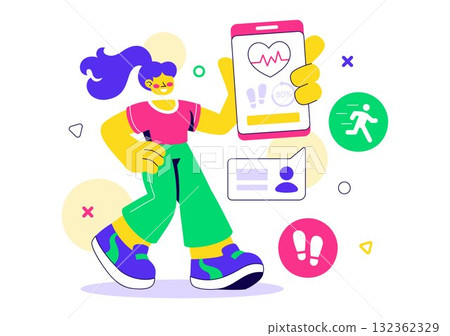 Mobile Health Tracker App Illustration Featuring Telemedicine Device For Heartbeat, Temperature, And Body Activity Monitoring To Mental Wellness Mobile Health Tracker App Illustration Featuring Telemedicine Device For Heartbeat, Temperature, And Body Activity Monitoring To Mental Wellness 132362329