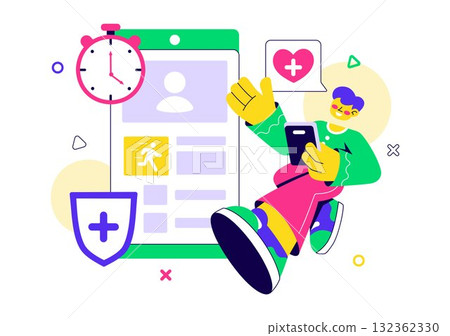 Mobile Health Tracker App Illustration Featuring Telemedicine Device For Heartbeat, Temperature, And Body Activity Monitoring To Mental Wellness Mobile Health Tracker App Illustration Featuring Telemedicine Device For Heartbeat, Temperature, And Body Activity Monitoring To Mental Wellness 132362330