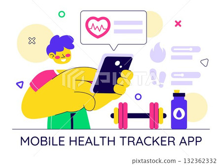 Mobile Health Tracker App Illustration Featuring Telemedicine Device For Heartbeat, Temperature, And Body Activity Monitoring To Mental Wellness 132362332