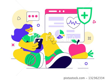 Mobile Health Tracker App Illustration Featuring Telemedicine Device For Heartbeat, Temperature, And Body Activity Monitoring To Mental Wellness 132362334