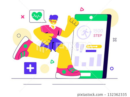 Mobile Health Tracker App Illustration Featuring Telemedicine Device For Heartbeat, Temperature, And Body Activity Monitoring To Mental Wellness Mobile Health Tracker App Illustration Featuring Telemedicine Device For Heartbeat, Temperature, And Body Activity Monitoring To Mental Wellness 132362335