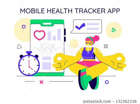 Mobile Health Tracker App Illustration Featuring Telemedicine Device For Heartbeat, Temperature, And Body Activity Monitoring To Mental Wellness Mobile Health Tracker App Illustration Featuring Telemedicine Device For Heartbeat, Temperature, And Body Activity Monitoring To Mental Wellness 132362336