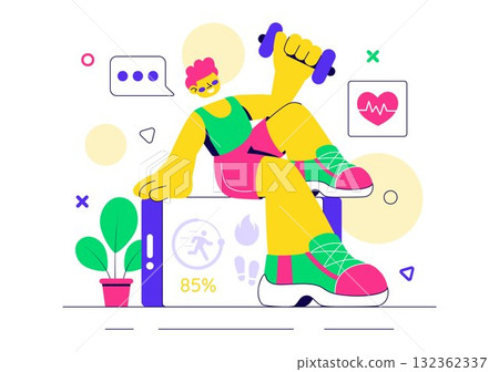 Mobile Health Tracker App Illustration Featuring Telemedicine Device For Heartbeat, Temperature, And Body Activity Monitoring To Mental Wellness 132362337