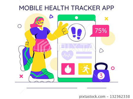 Mobile Health Tracker App Illustration Featuring Telemedicine Device For Heartbeat, Temperature, And Body Activity Monitoring To Mental Wellness Mobile Health Tracker App Illustration Featuring Telemedicine Device For Heartbeat, Temperature, And Body Activity Monitoring To Mental Wellness 132362338