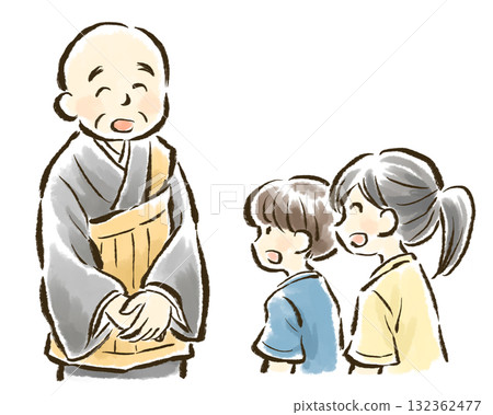 Children talking with a monk Children talking with a monk 132362477