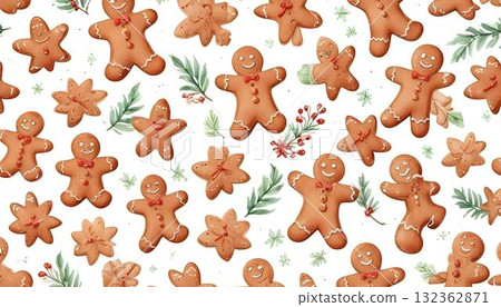 Seamless watercolor pattern featuring Christmas gingerbread men, set against a textured background for a festive look 132362871