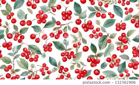 Watercolor seamless design of red berries and green leaves on a white background, suitable for holiday themed projects 132362906