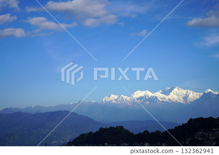 Panoramic Vista of Mount Kanchenjunga Above Layered Hills 132362941