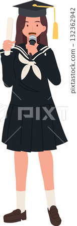 Japanese school girl.  A young female graduate wearing a sailor uniform gives an inspiring graduation speech, holding her diploma and microphone 132362942