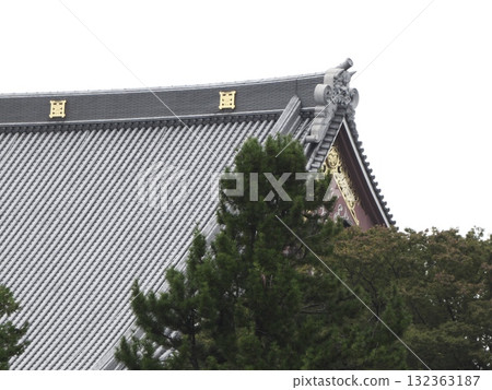 池上本門寺正殿雄偉的入母屋式屋頂、瓦片和金色裝飾以及雄偉的鬼瓦 池上本門寺正殿雄偉的入母屋式屋頂、瓦片和金色裝飾以及雄偉的鬼瓦 132363187