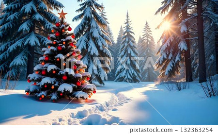 A watercolor Christmas tree in the snow, illuminated by sunlight, creating a festive winter background 132363254