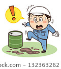 Illustration of a factory worker who is about to step on a leaking drum | Unsafe behavior, unsafe conditions, and industrial accidents 132363262