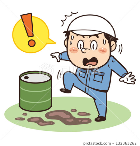 Illustration of a factory worker who is about to step on a leaking drum | Unsafe behavior, unsafe conditions, and industrial accidents Illustration of a factory worker who is about to step on a leaking drum | Unsafe behavior, unsafe conditions, and industrial accidents 132363262