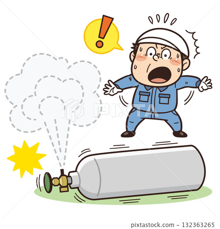 工廠工人在氣瓶倒下後驚慌失措的插圖 | 不安全行為、不安全狀況、風險、危險 132363265