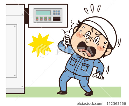 Illustration of a factory worker who almost hits his face on a sharp corner of a machine | Unsafe behavior, unsafe conditions, and industrial accidents 132363266