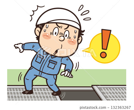 Illustration of workers at a factory or work site at risk of falling due to the absence of grating | Unsafe behavior, unsafe conditions, and industrial accidents 132363267