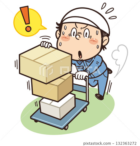 Illustration of a factory worker pushing an overly loaded cart | Unsafe behavior, unsafe conditions, risks, and industrial accidents 132363272