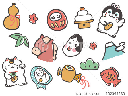 Cute hand-drawn illustration material set for New Year's 132363383