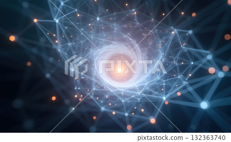 Transparent Geometric Structure Illuminated by Glowing Energy Nodes 132363740