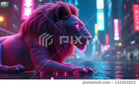 Sci-Fi Digital Lion Walking With Neon Glow In Urban Landscape 132363822