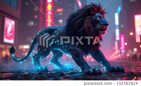 Cyberpunk Wireframe Lion Glowing In Futuristic Neon City Streets 132363824
