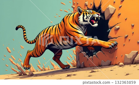 Exaggerated Pop Art Tiger Breaking Through Bricks In 3D Effect Exaggerated Pop Art Tiger Breaking Through Bricks In 3D Effect 132363859